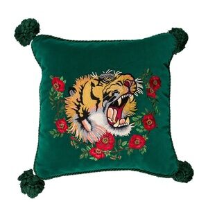 GUCCI SILK BLEND EMBROIDERED TIGER THROW PILLOW